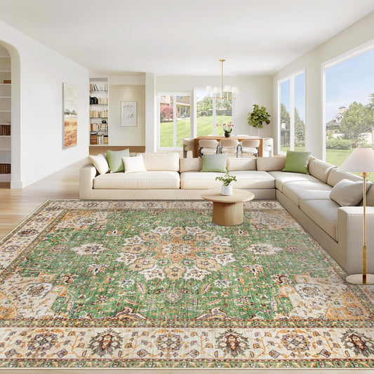 Area Rug 8x10 Washable Rug, Vintage Boho Medallion Rugs Non-Slip Soft Low Pile Large Distressed Rug Indoor Retro Carpet for Living Room Bedroom Dining Room Home Office (Vintage Green, 8'x10')