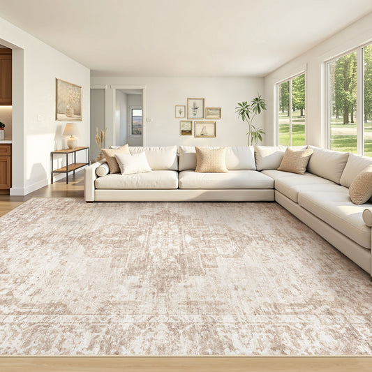 Area Rugs Vintage Rug: Large Washable Living Room Rug Retro Medallion Distressed Rugs Soft Low Pile Non-Slip Indoor Floor Carpet for Bedroom Kitchen Nursery Dining Table Office (Beige')
