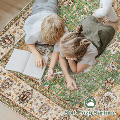 Area Rug 8x10 Washable Rug, Vintage Boho Medallion Rugs Non-Slip Soft Low Pile Large Distressed Rug Indoor Retro Carpet for Living Room Bedroom Dining Room Home Office (Vintage Green, 8'x10')