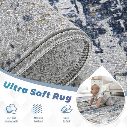 Area Rugs 8x10 for Living Room: Washable Rug Modern Abstract Neutral Soft Non-Slip Low-Pile Indoor Large Carpet for Bedroom Dining Room Home Office Children's Room(Blue Grey Brown, 8'x10')