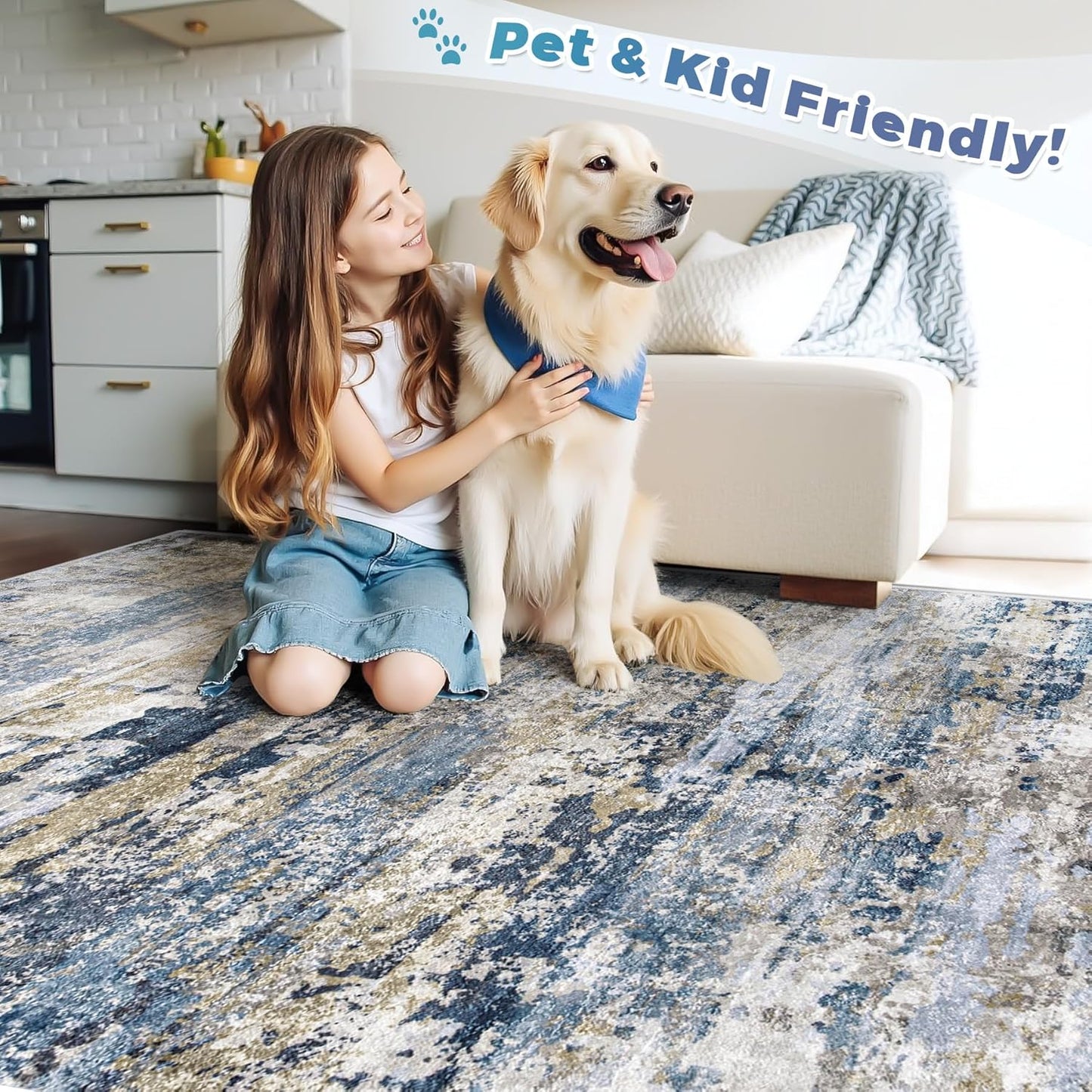 Area Rugs 8x10 for Living Room: Washable Rug Modern Abstract Neutral Soft Non-Slip Low-Pile Indoor Large Carpet for Bedroom Dining Room Home Office Children's Room(Blue Grey Brown, 8'x10')