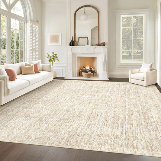 Living Room Rugs 8x10: Washable Moroccan Geometric Boho Rug Farmhouse Non Slip Stain Resistant Large Rug Low Pile Soft Carpet for Bedroom Dining Room Children Room (Beige,8'x10')