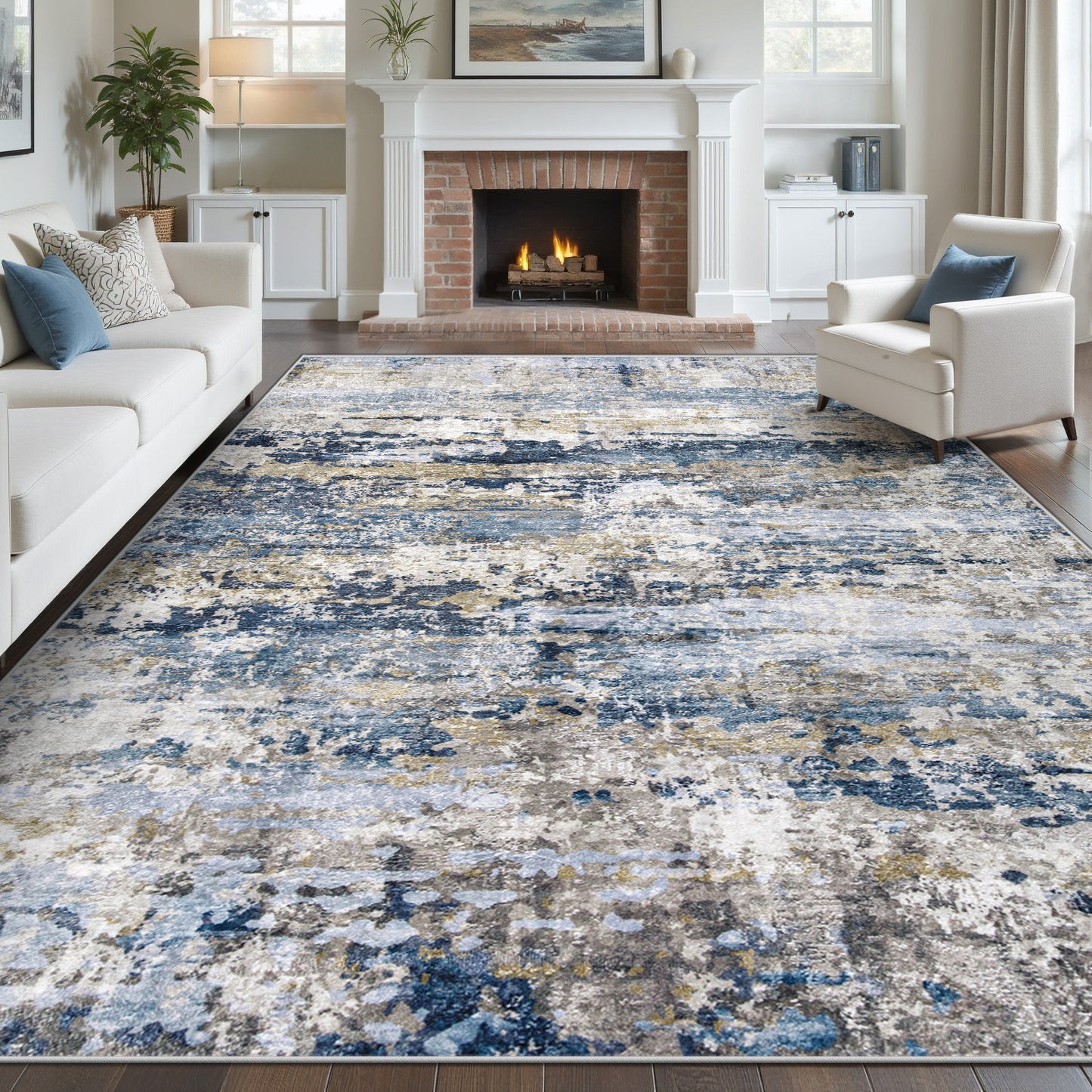 Area Rugs 8x10 for Living Room: Washable Rug Modern Abstract Neutral Soft Non-Slip Low-Pile Indoor Large Carpet for Bedroom Dining Room Home Office Children's Room(Blue Grey Brown, 8'x10')