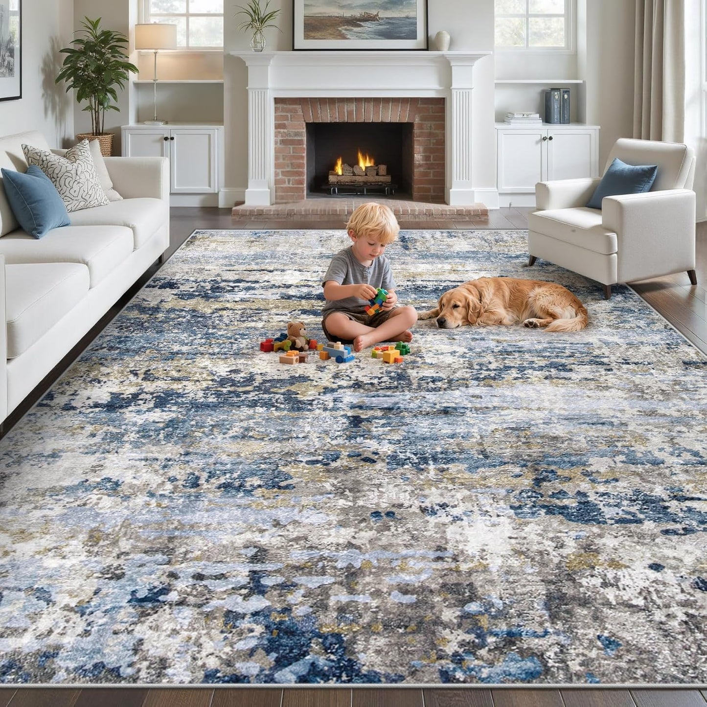 Area Rugs 8x10 for Living Room: Washable Rug Modern Abstract Neutral Soft Non-Slip Low-Pile Indoor Large Carpet for Bedroom Dining Room Home Office Children's Room(Blue Grey Brown, 8'x10')