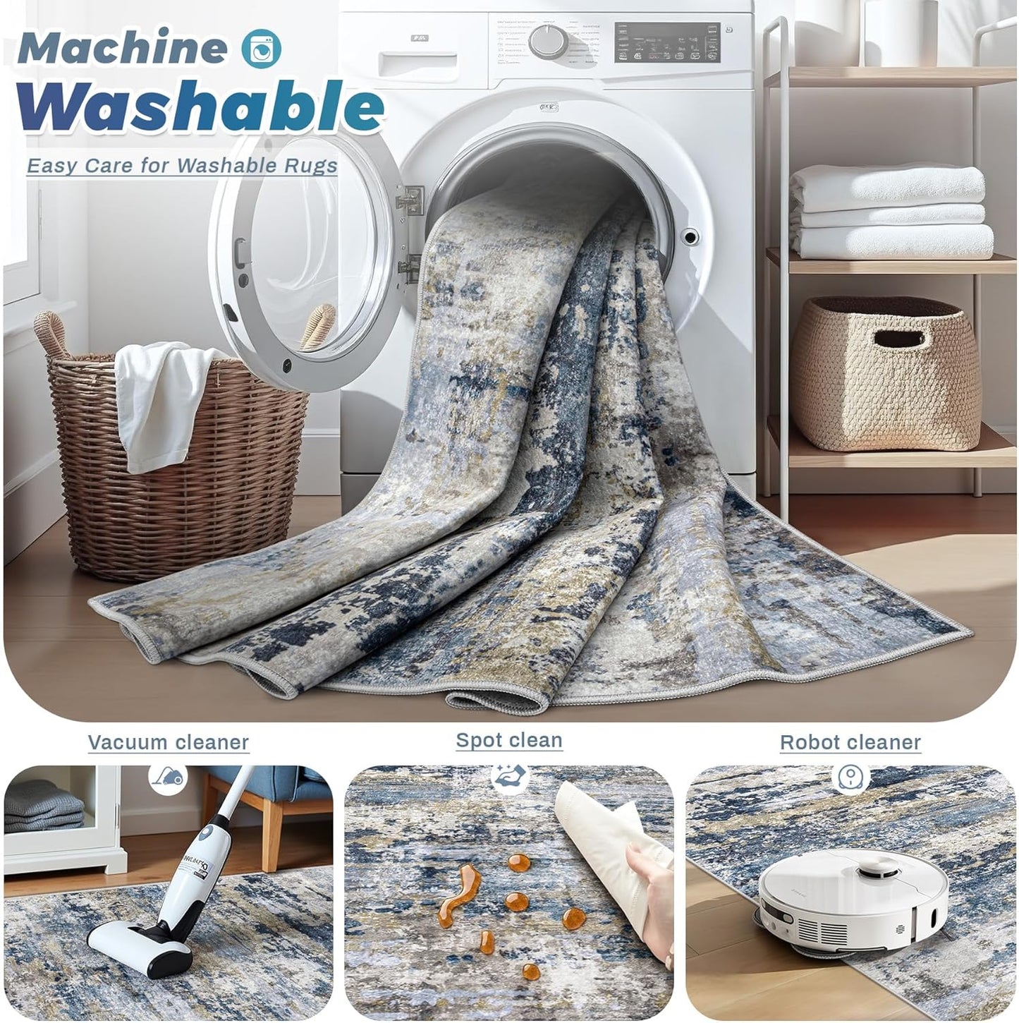 Area Rugs 8x10 for Living Room: Washable Rug Modern Abstract Neutral Soft Non-Slip Low-Pile Indoor Large Carpet for Bedroom Dining Room Home Office Children's Room(Blue Grey Brown, 8'x10')