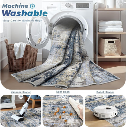 Area Rugs 8x10 for Living Room: Washable Rug Modern Abstract Neutral Soft Non-Slip Low-Pile Indoor Large Carpet for Bedroom Dining Room Home Office Children's Room(Blue Grey Brown, 8'x10')