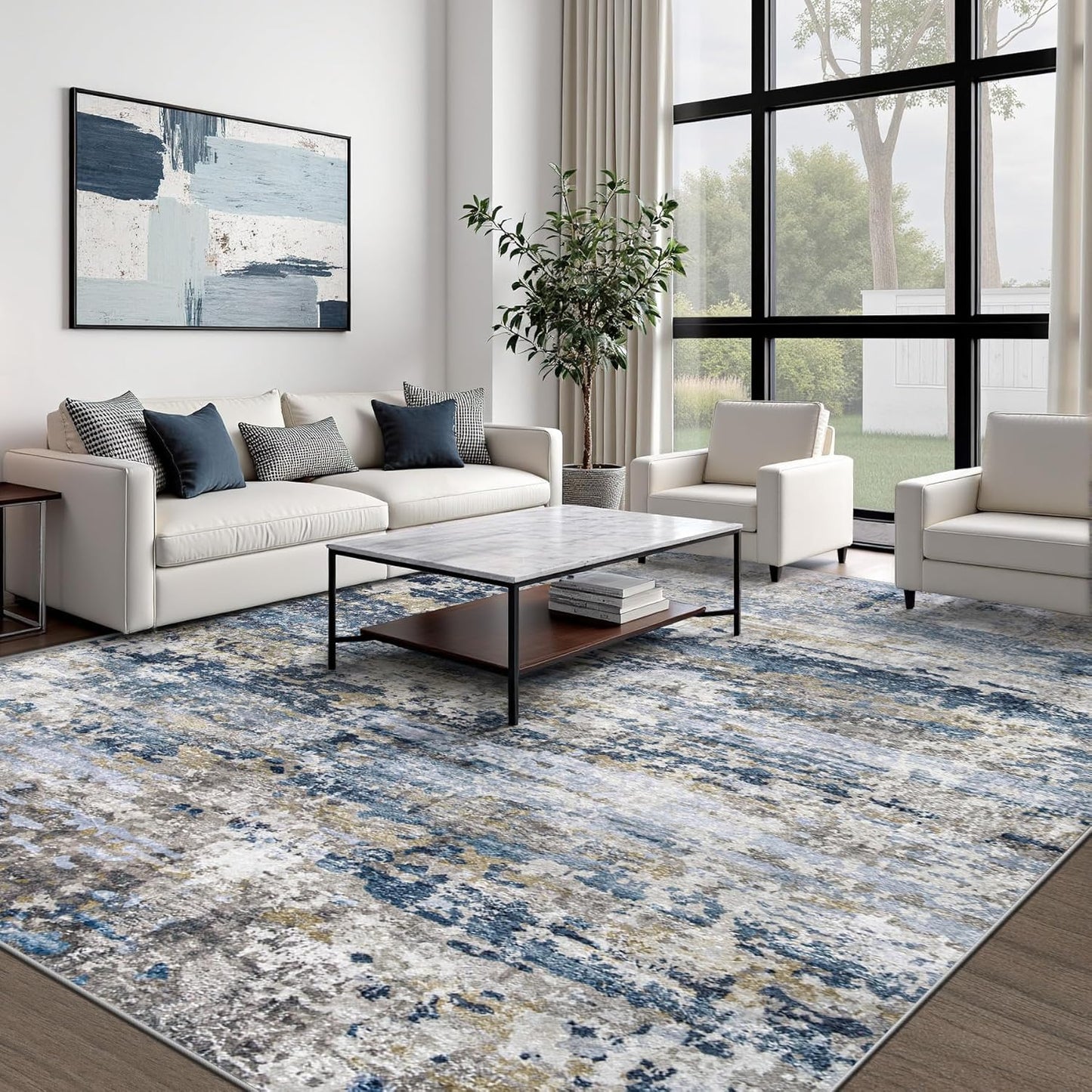 Area Rugs 8x10 for Living Room: Washable Rug Modern Abstract Neutral Soft Non-Slip Low-Pile Indoor Large Carpet for Bedroom Dining Room Home Office Children's Room(Blue Grey Brown, 8'x10')